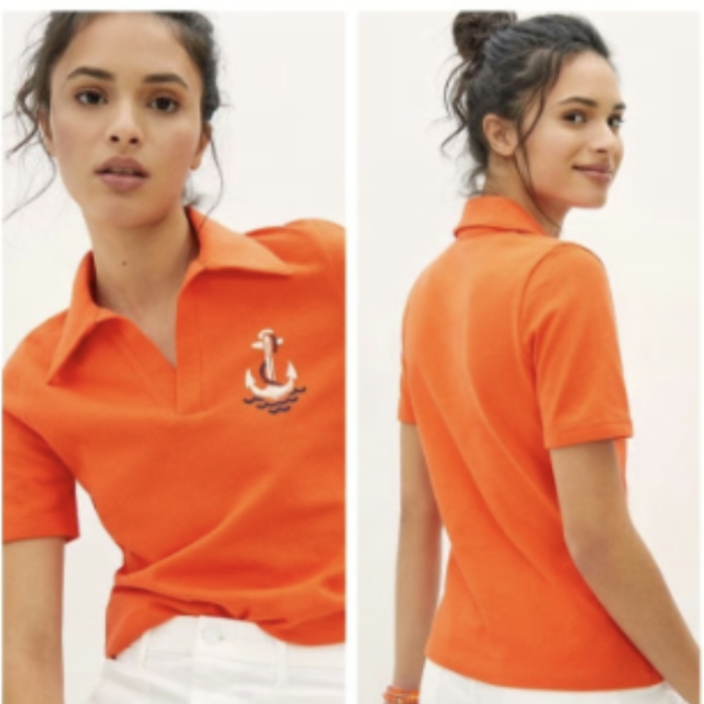 Women's Anthropologie Orange Polo With Navy Anchor Medium Shirt Top